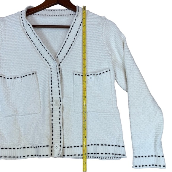 Textured White with Black Stitching Detail, V-Neck Button Up Woman’s Sweater - Picture 11 of 11